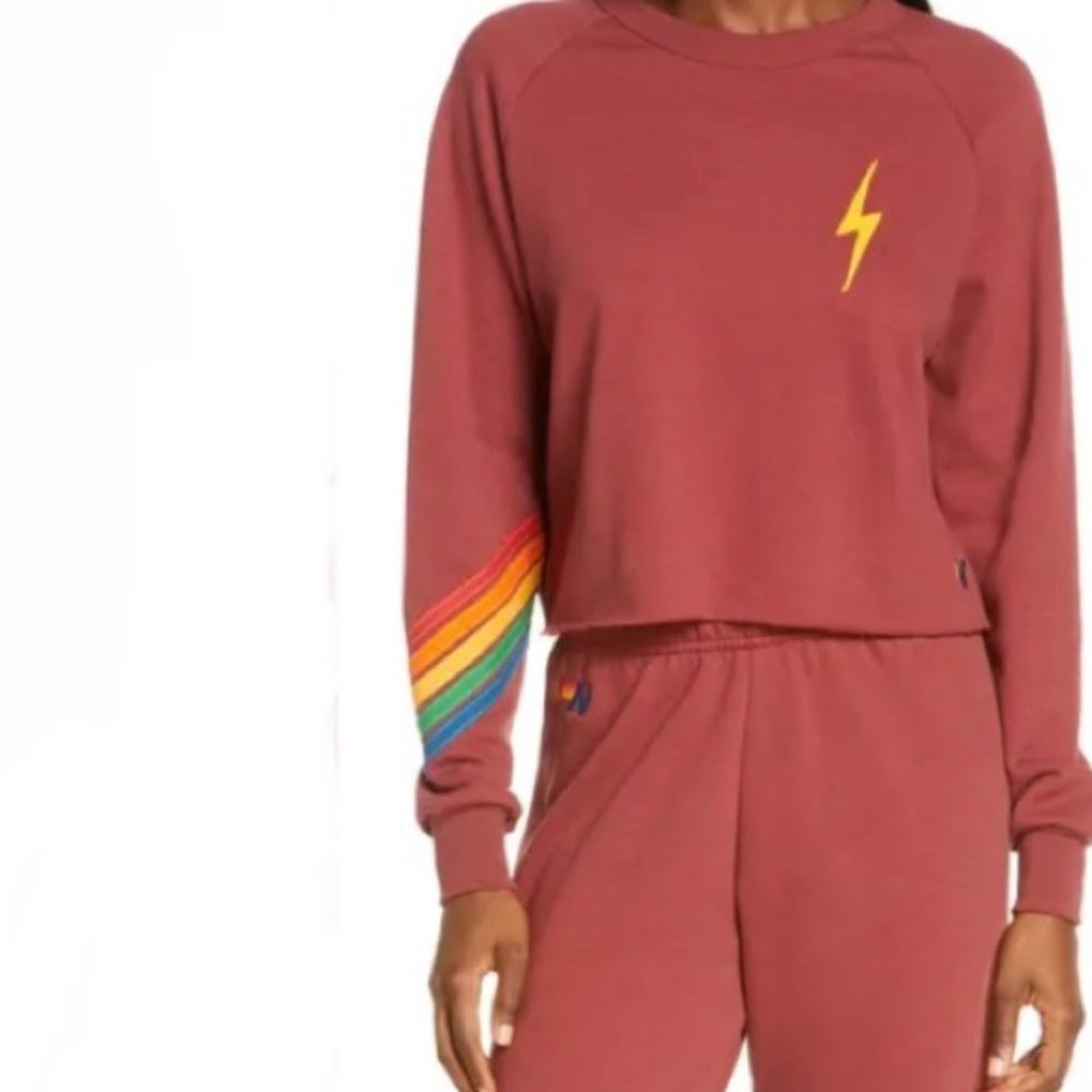 NWT Aviator Nation Bolt Chevron 5 Cropped Crew Sweatshirt - Claret - Picture 3 of 6